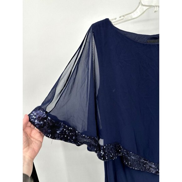 XSCAPE dress capelet sequins formal party evening cocktail sheer navy blue 12 - Picture 4 of 9